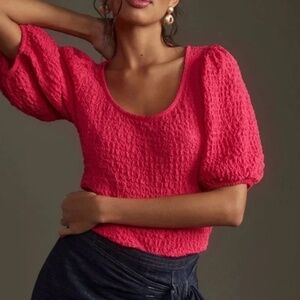Anthropologie Maeve Balloon-Sleeve Textured Top – Hot Pink / Fuchsia – Size L